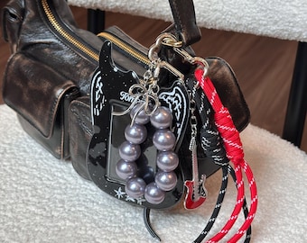 Guitar Card Holder Bag Charm Keychain – Rock Y2K Punk Purse Accessory with Black Red Rope Accent, Pearl Bead Chain, Student ID Holder