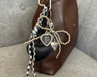Heart Bag Charm Keychain – Cute Kawaii Rope Accessory with Silver Ball Chain Bow & Photo Frame Pendant, Pink Black Aesthetic Purse Charm