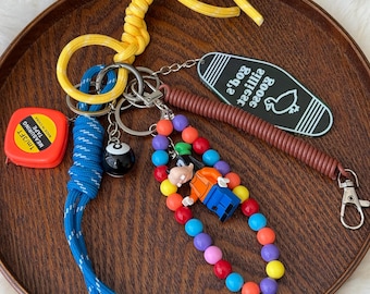 Colorful Bag Charm Keychain Set – Fun Kawaii Y2K Purse Accessory with LEGO-Inspired Figure, Rope and Beaded Chain, Tape Measure & Goose Tag
