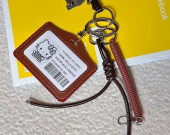 Retro ID Card Holder Bag Charm – Vintage Style Keychain with Leather Card Case, Antique Key Pendant & Rope, Functional Student Accessory