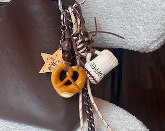 Coffee Pretzel Donut Bag Charm Keychain – Handmade Rope Purse Accessory, Cute Foodie keychain, Gift for Coffee Lover kawaii Bag Charms