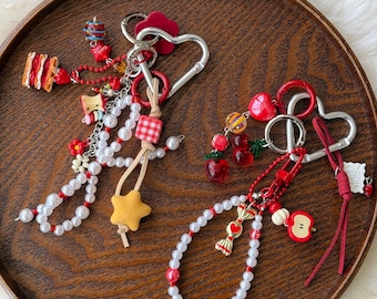 Red Fruit Cake Cherry Apple Bag Charm Keychain, Handmade Pearl Beaded Purse Accessory, Cute Kawaii Gift, Playful Everyday Style Keyring