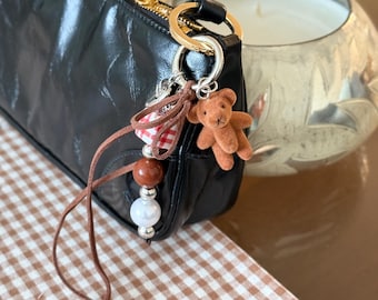 Teddy Bear Keychain Bag Charm – Cute Plush Accessory with Beaded Chain & Gingham Accent, Purse Charm, Car Keychain, Phone Strap Holder