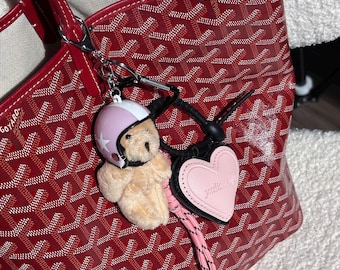Teddy Bear Keychain Bag Charm – Cute Plush Bear, Heart Leather Pendant & Rope Accent – Fun Kawaii Purse Accessory or Gift for Couples