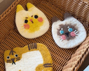 Cat Coaster Wool Felt Handmade, Felt Kitty Drink Coaster, Animal Table Decor, Gift for Cat Lovers, Eco Friendly Home Accessory