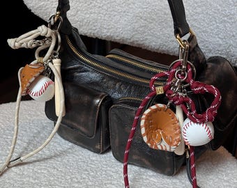 Baseball Bag Charm Keychain – Fun Sports Purse Accessory with Mini Glove, Bat & Ball Charms, Rope Keyring, Unique Gift for Baseball Fans
