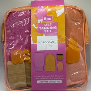 self tan 5 piece set - self tan applicator mitt, exfoliating mitt, blending brush, facial tanning mitt, tanning storage bag