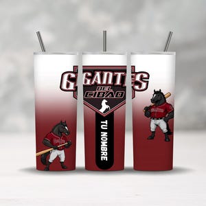 May include: Three white and burgundy tumblers with a baseball theme. Each tumbler features a cartoon horse wearing a baseball uniform and holding a bat. The text "GIGANTES DEL CIBAO" is displayed on the tumblers.