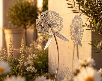 Arte de metal para jardín, arte de diente de león en metal, escultura de jardín, arte de metal para patio, escultura para exteriores, escultura de viento, decoración de estaca de jardín, arte para patio