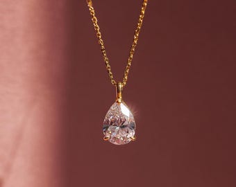 Lab Diamond Charm, Pear Shaped Teardrop Necklace, Dainty Pendant Necklace, 18K 14K Solid Gold