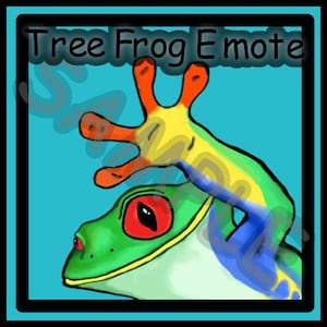May include: A cartoon illustration of a tree frog with a green body, red eyes, and colorful limbs. The frog is set against a light blue background with the text "Tree Frog Emote" at the top.