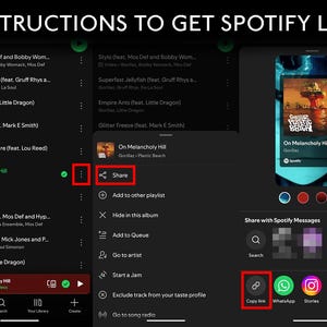 May include: A screenshot showing instructions to get a Spotify link. The text "INSTRUCTIONS TO GET SPOTIFY LINK" is at the top. The steps include selecting the three dots, then "Share", and finally "Copy link".