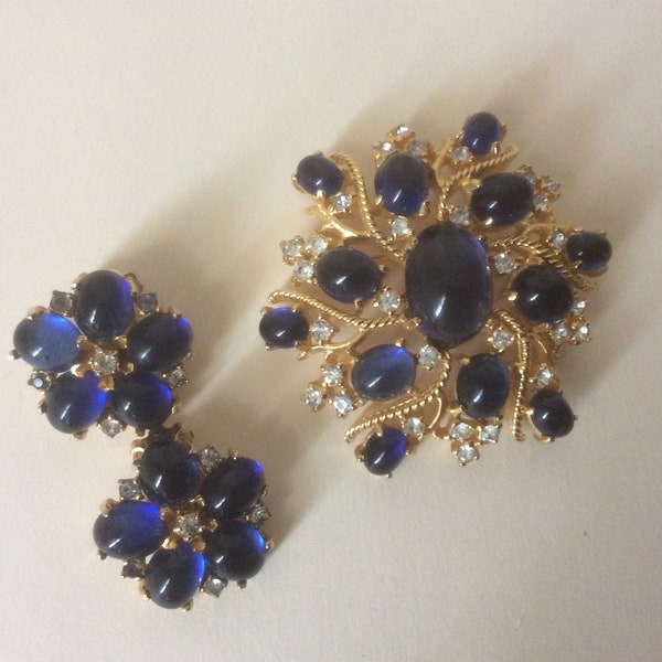 Polcini blue cabochon, clear rhinestone clip-on earrings, brooch set