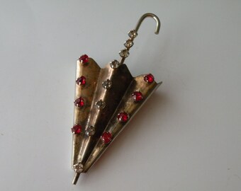 Sterling silver gold vermeil rhinestone umbrella brooch