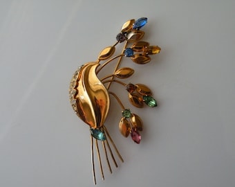 Broche Fantaisie Gerbe De Fleurs Strass - Métal Doré - Marque Novitex - Occasion Très Bon état
