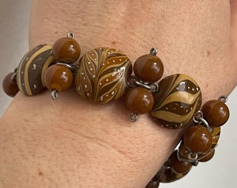 Handmade sterling silver 925 brown lampwork glass beads bracelet