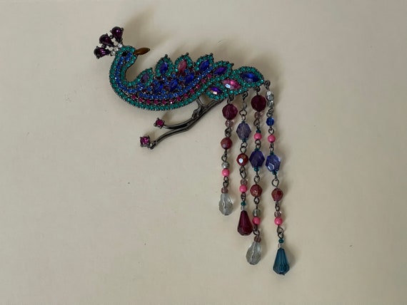 AVON Huge Rhinestone Peacock Bird Brooch Dangling Beads. Etsy