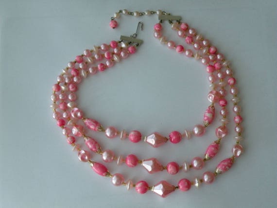 Kramer beaded pink plastic necklace. 3 strand. - image 2