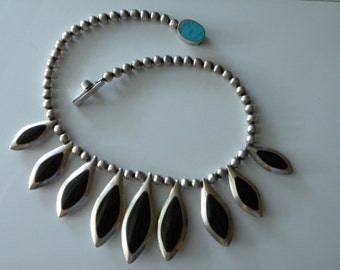Mexican Taxco sterling silver 950 teardrop black onyx, turquoise inlay reversible beaded necklace