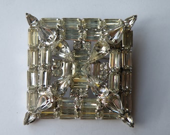 Square clear Austrian rhinestone brooch, pin. Layered.