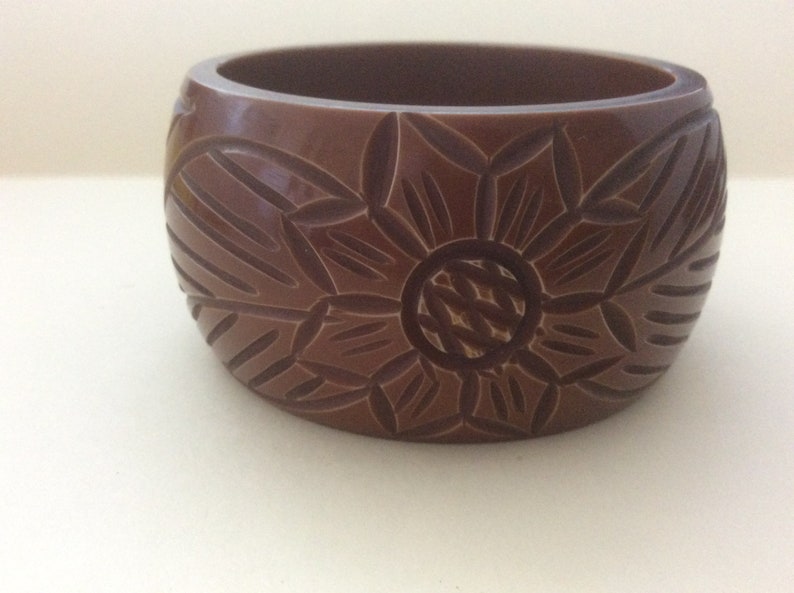 Plastic Bangle Bracelet Dark Chocolate Brown Carved Floral leaf Motif 2 58 diameter Thick Heavy