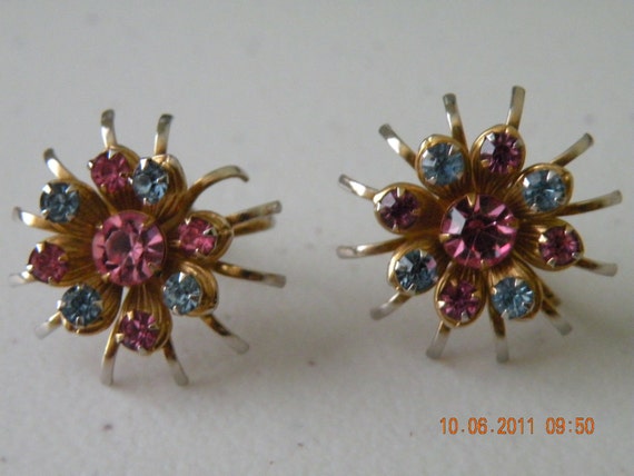 Flowers screw back earrings. Pink and blue rhines… - image 5