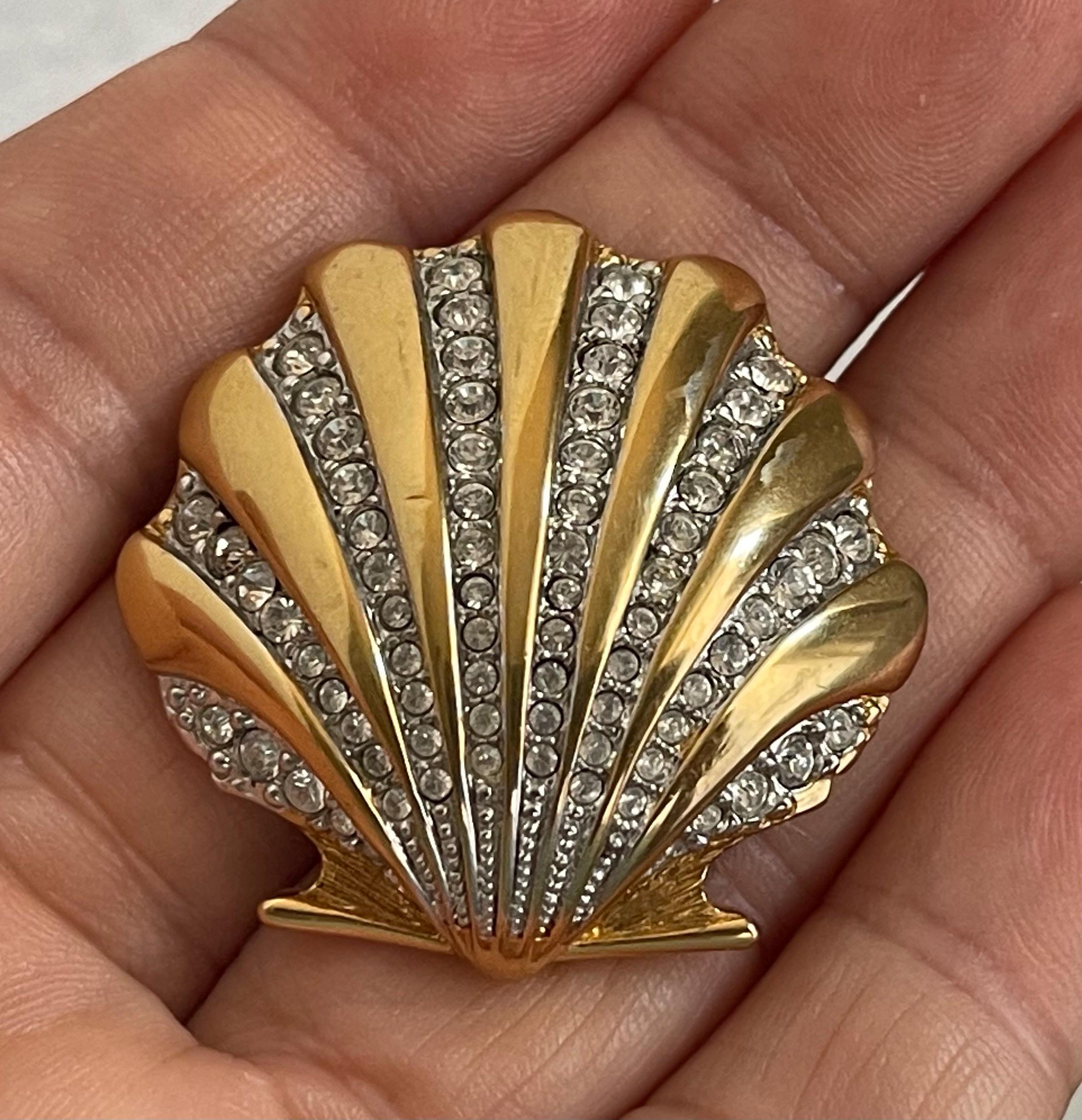 Swarovski swan mark clear crystals gold plated shell scallop brooch