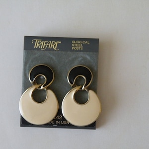 Trifari black, off - white  enamel stud earrings. 1970-s
