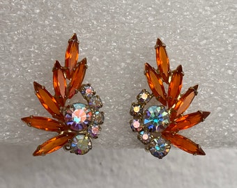 Juliana orange, aurora borealis rhinestone clip-on earrings