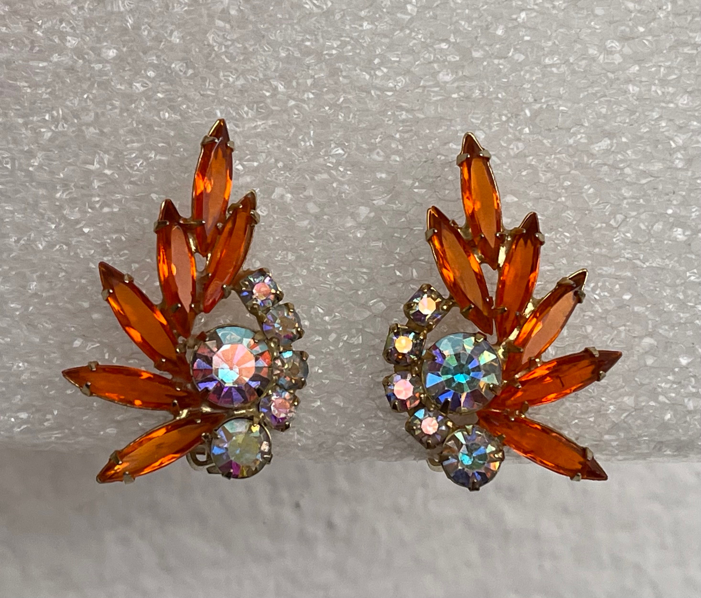 Juliana orange aurora borealis rhinestone clip on earrings