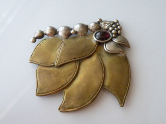 Brass Sterling silver leaf brooch pin Garnet, cle… - image 3