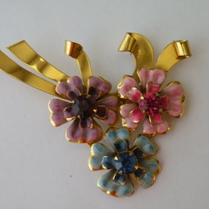 Sterling Craft by Coro floral flower enamel rhinestone brooch pin
