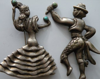 Mexican sterling silver dancers brooches pins.