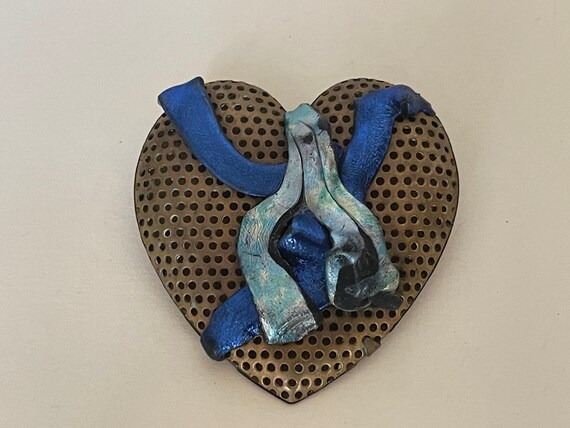Handmade metal, polymer clay heart brooch - image 1