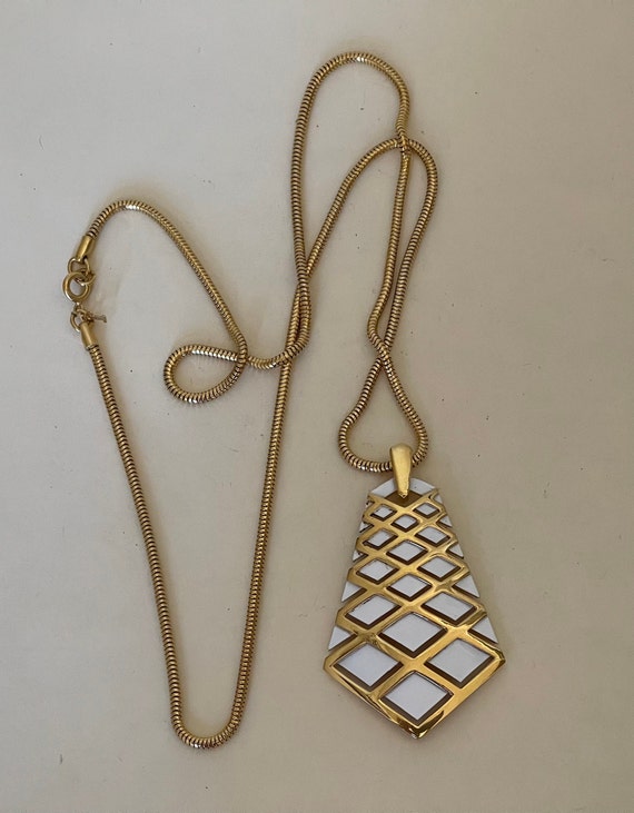 Trifari white enamel pendant with gold plated chai