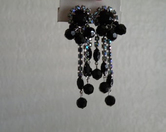 Juliana black, blue aurora borealis dangle clip on earrings 2 3/4"