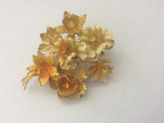 Austria yellow orange enamel, rhinestone flower b… - image 1