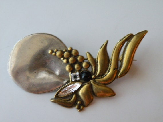 Brass Sterling silver glass brooch, pin Artisan w… - image 1
