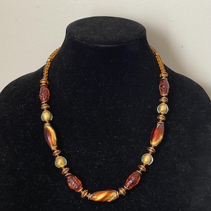 Murano glass, Venetian bead, Italian bead necklace. Red, gold, brown. Gold foils
