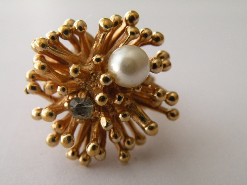 Adjustable Faux pearl clear rhinestone gold plated ring