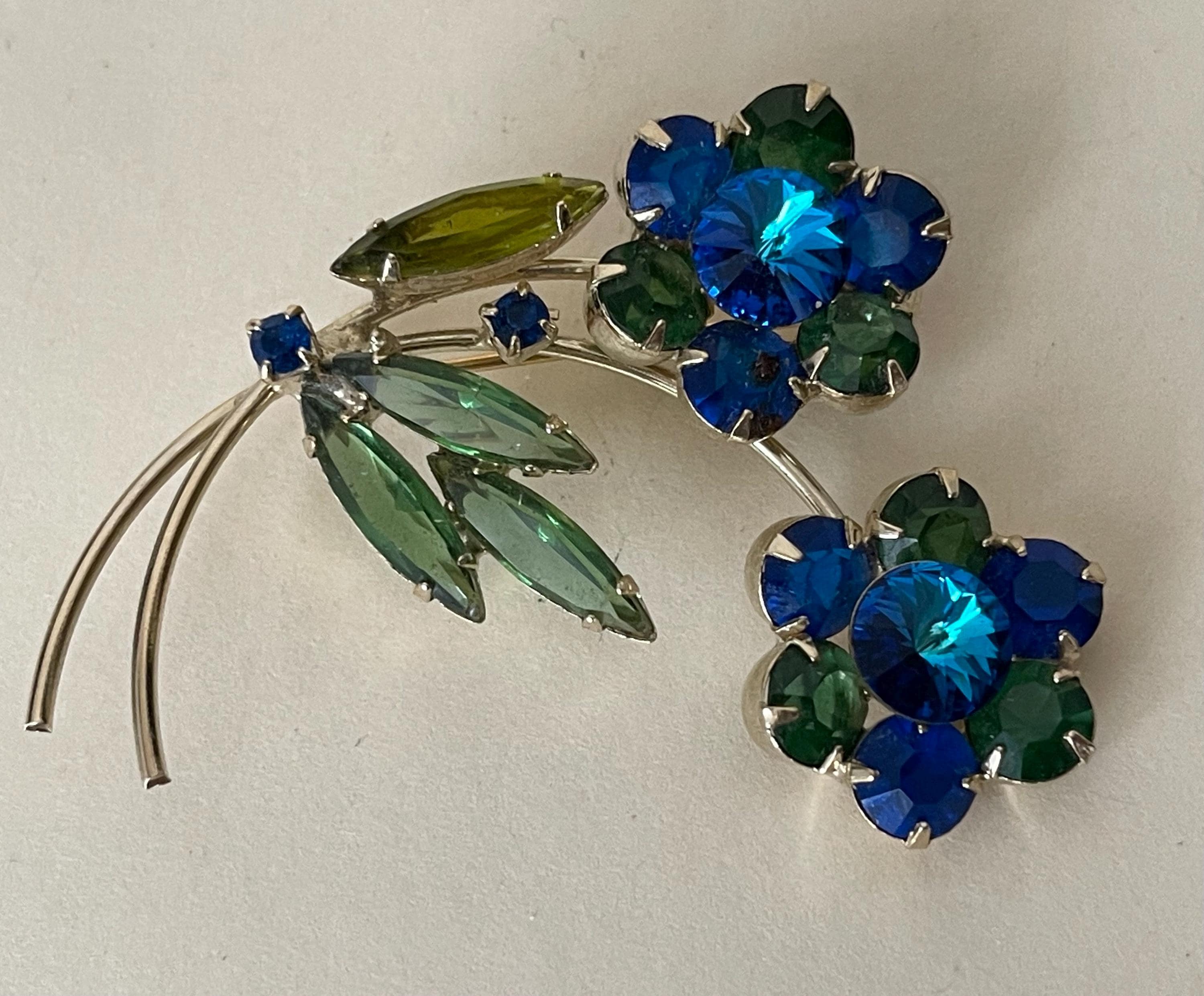 blue and green rhinestone brooch