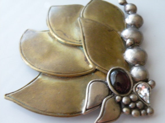 Brass Sterling silver leaf brooch pin Garnet, cle… - image 2