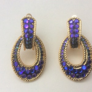 Made in USA purple, blue flat back rhinestone clip-on earrings. Richard Kerr style