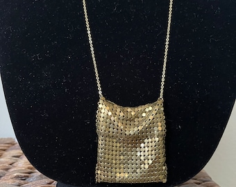 Gold tone mesh coin purse pendant  necklace