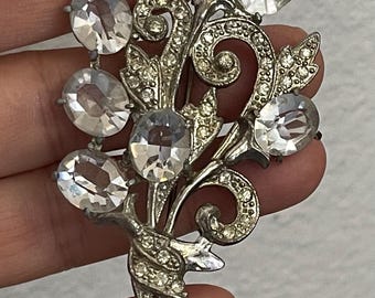 Broche Art Déco Ancienne - Rosace Fleurs Avec émail Et Strass - Années 30, Diamètre 4,5 Cm