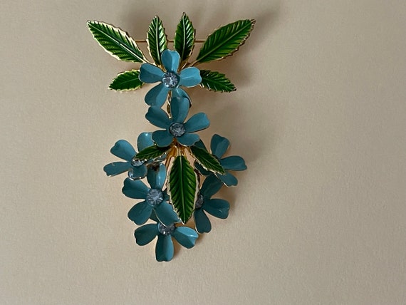 Blue, green enamel, blue rhinestone  flowers dang… - image 2