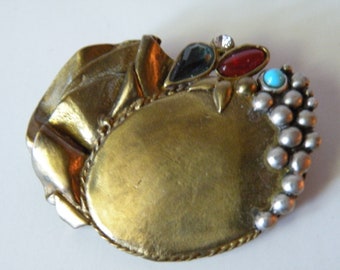 Brass Sterling silver, glass brooch. Artisan work. Sculptural. 1980-s # 6.