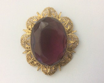 Large Purple glass filigree brooch