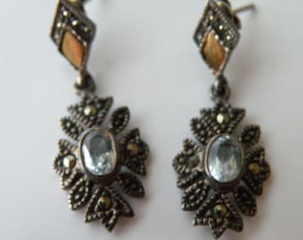 Sterling silver 18K gold marcasite Aqua blue sapphire  stud earrings
