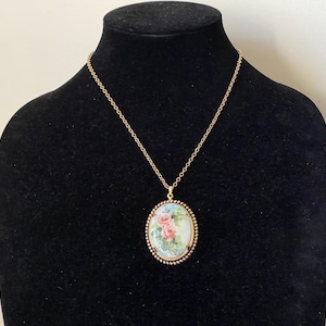 Hand painted roses, flowers,  ceramic or porcelain pendant with chain